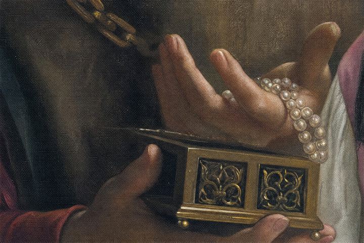 Detail: the gold casket and string of pearls
