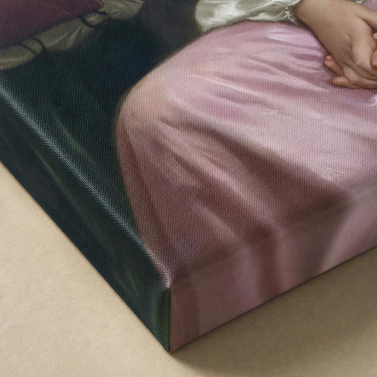 Frameless gallery wrap corner: her folded hands on the satin