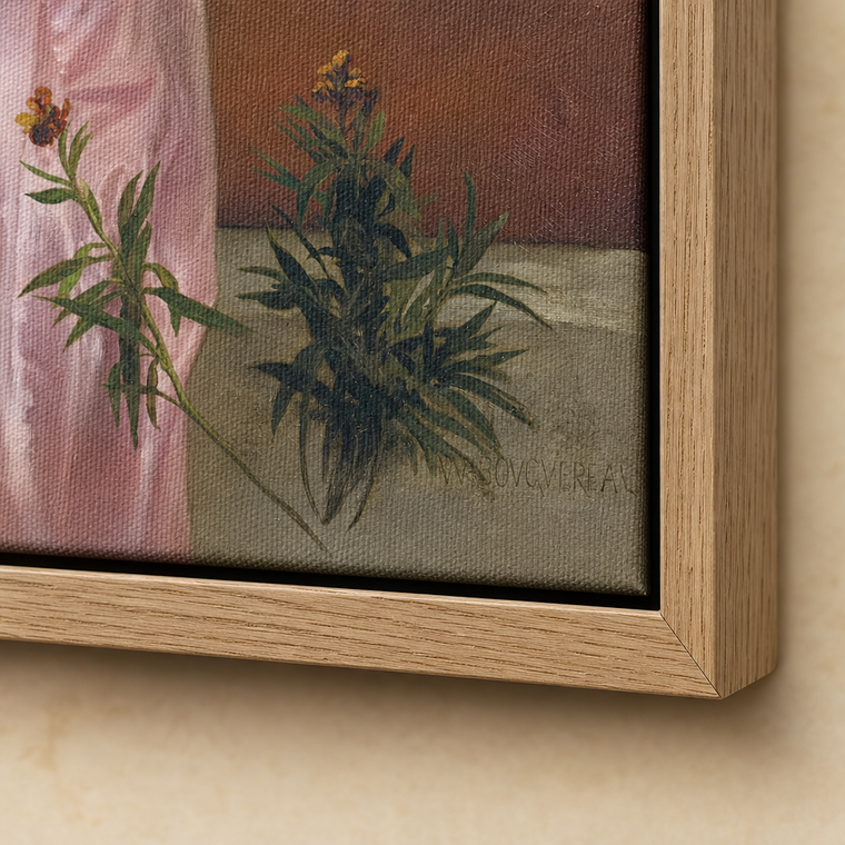 Oak float frame corner: the wallflowers and the painter's signature
