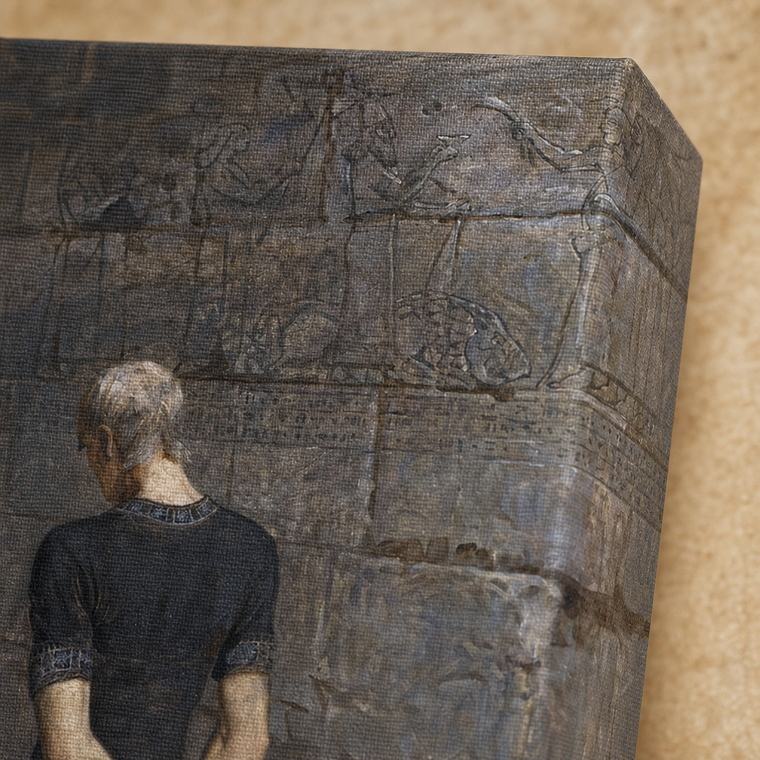 Frameless gallery wrap corner: Daniel before the relief wall