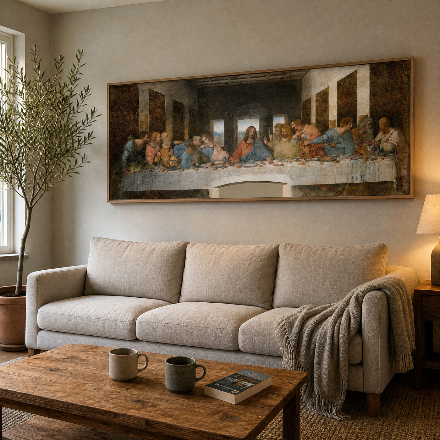 The Last Supper panoramic canvas above a linen sofa