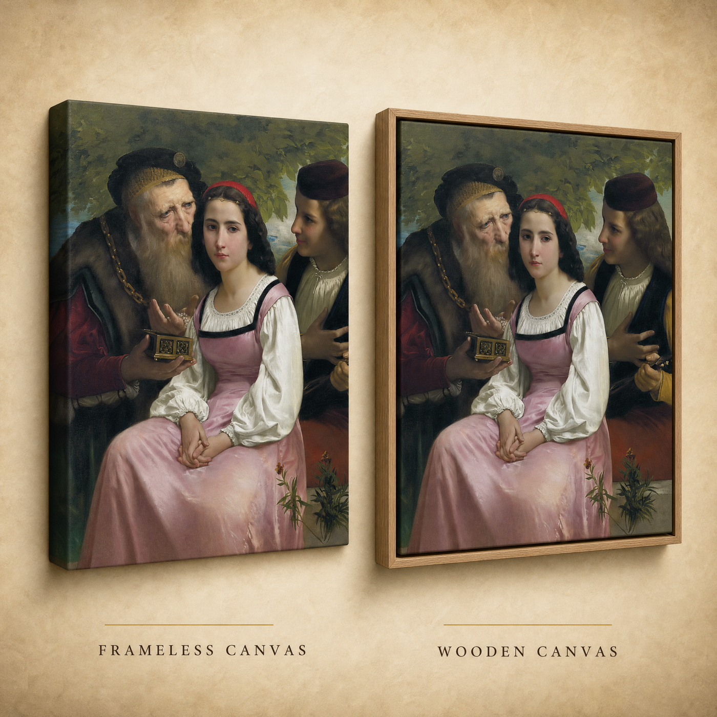 Frameless and wooden oak frame finishes side by side