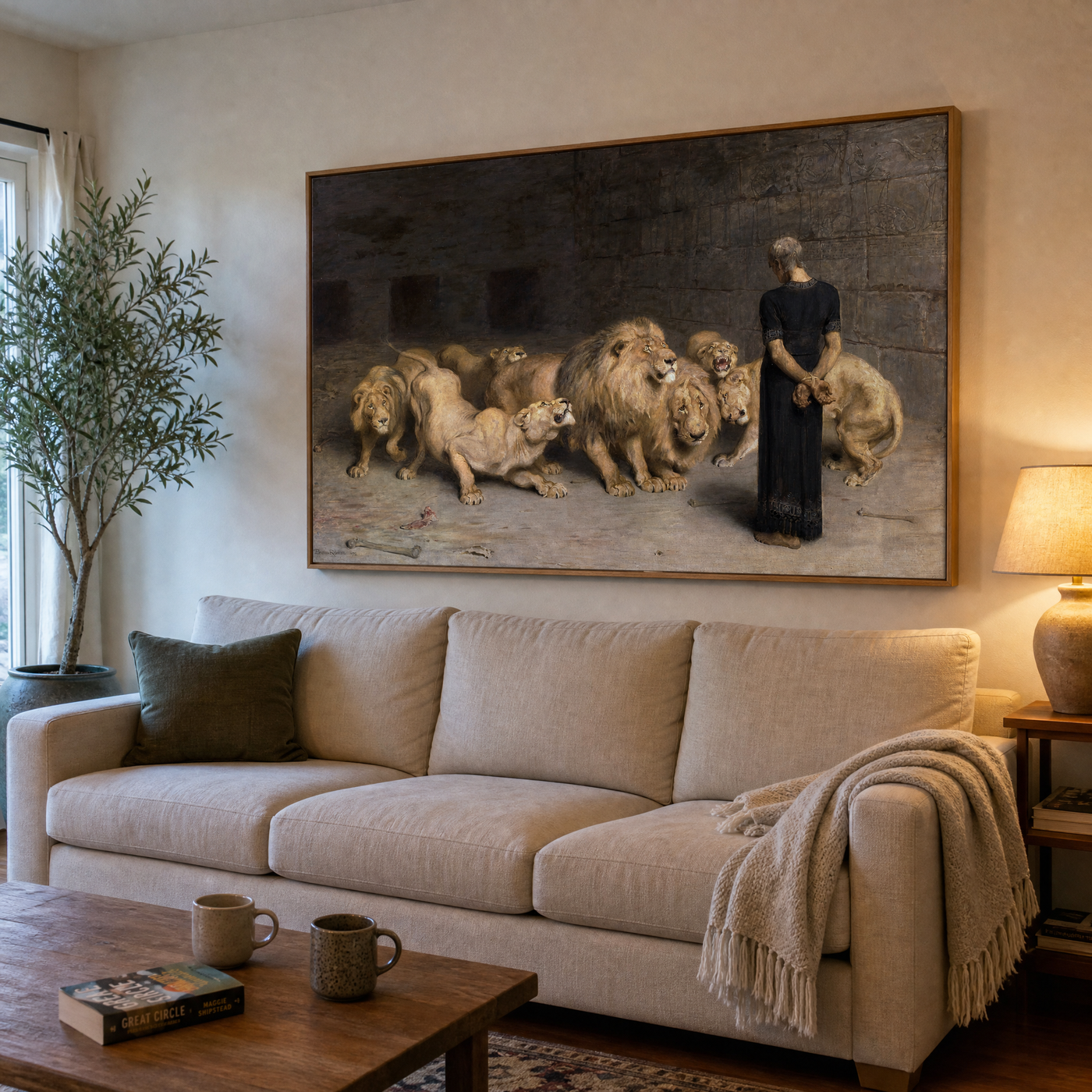 Daniel in the Lions' Den canvas above a linen sofa