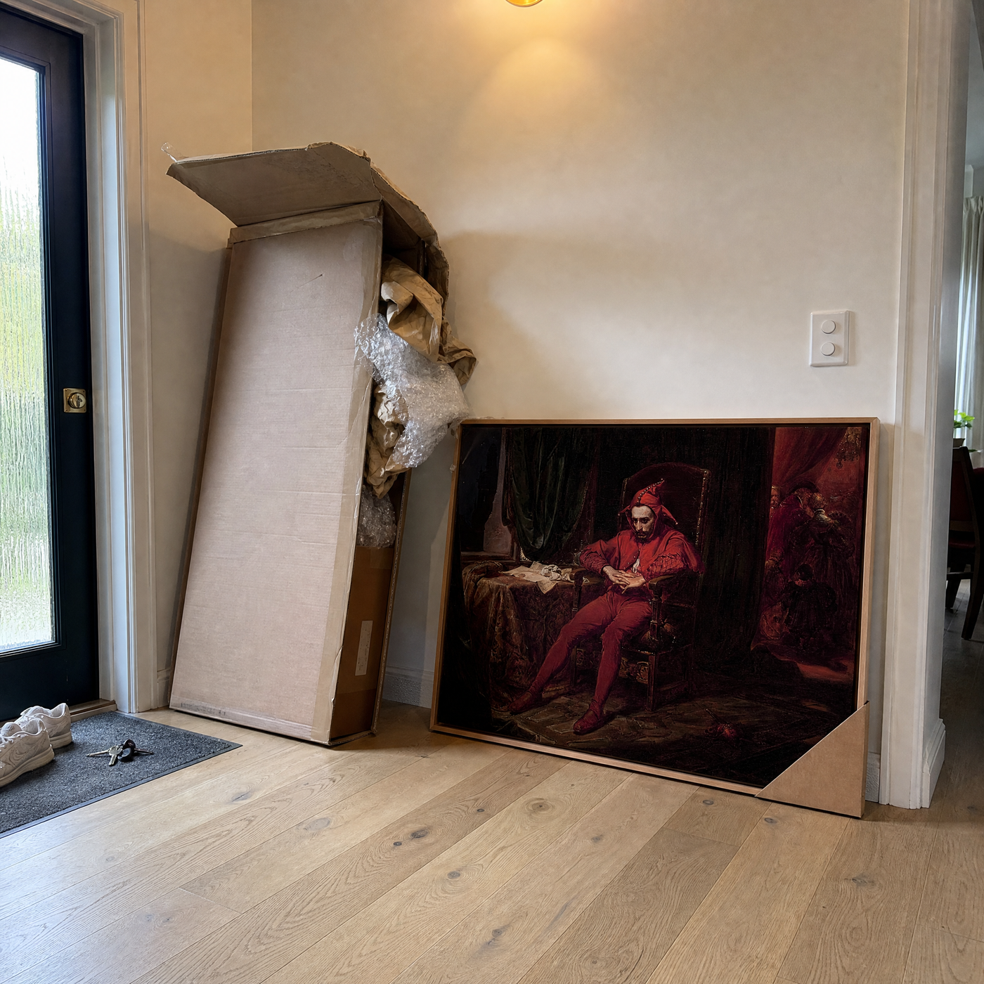Canvas art delivery box in the entryway
