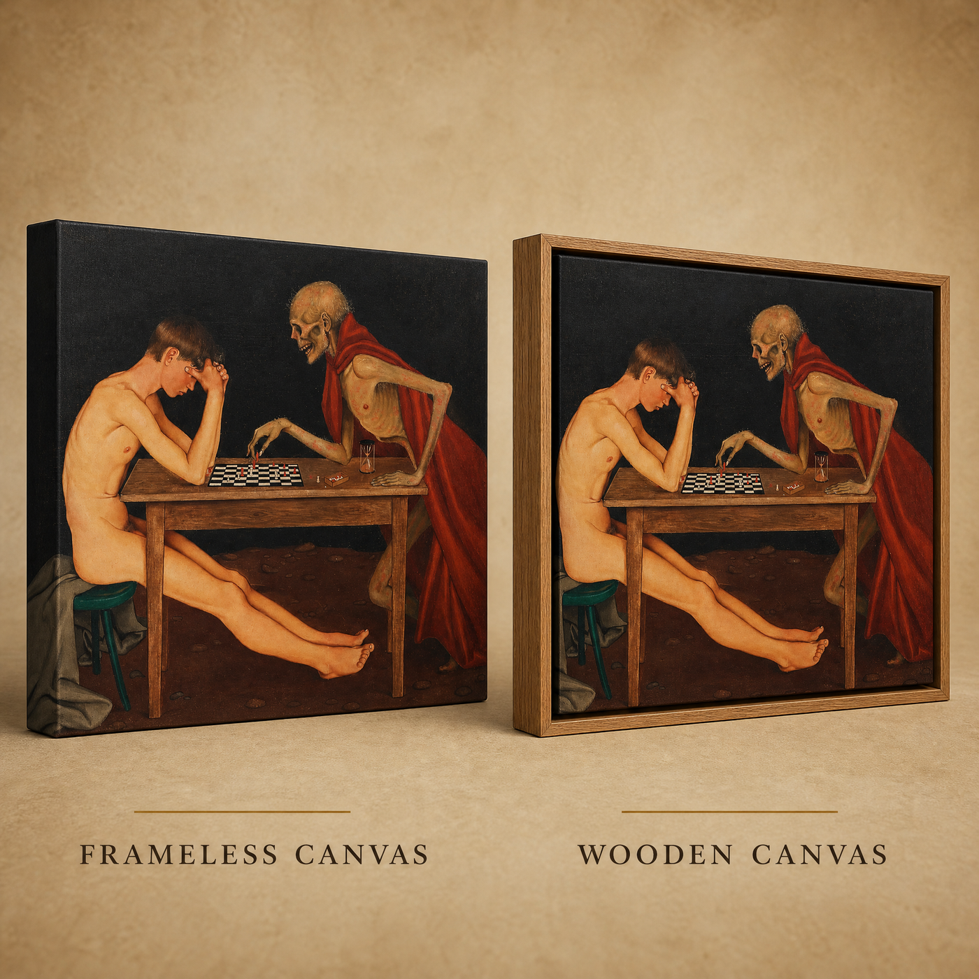 Frameless and wooden oak frame finishes side by side