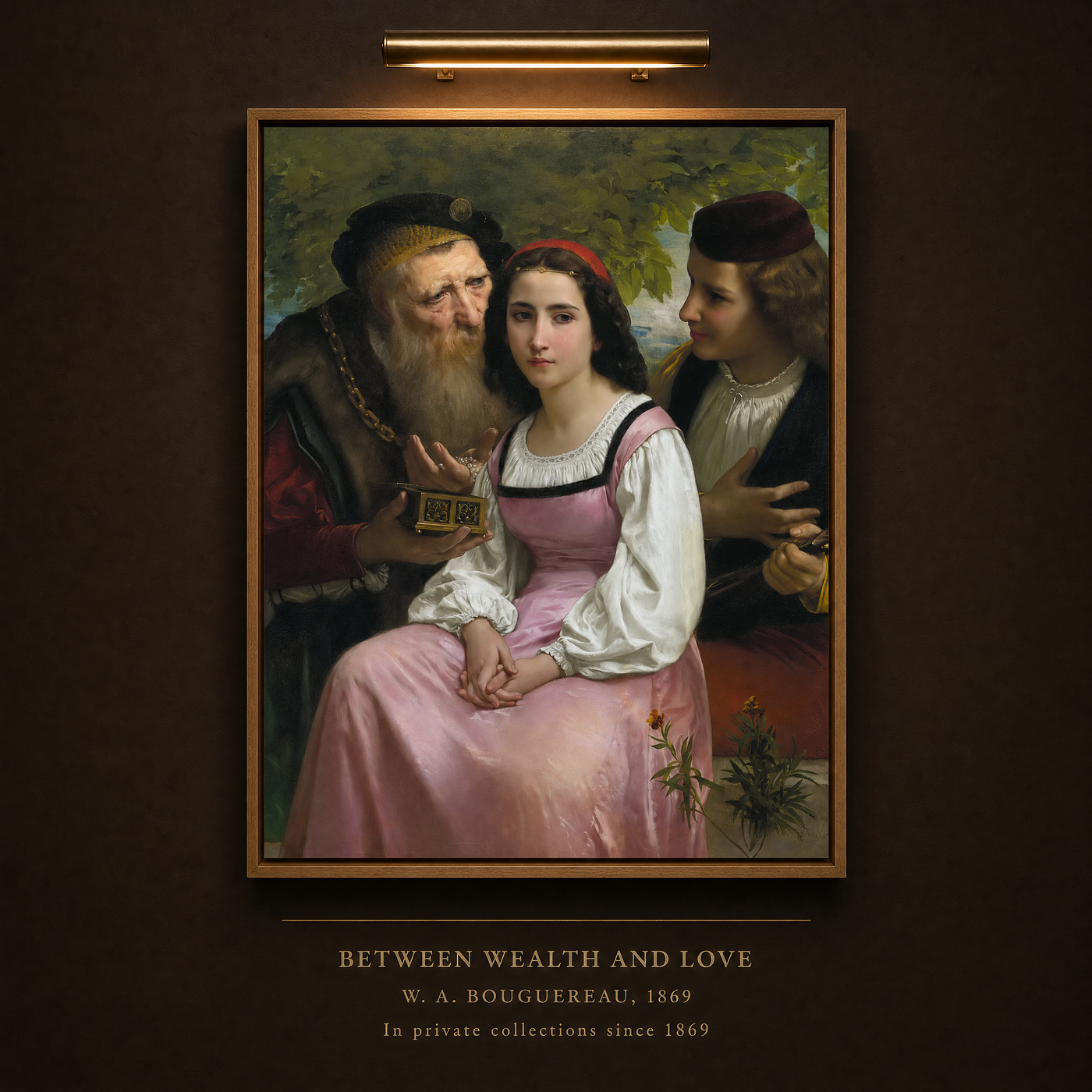 Museum placard: Between Wealth and Love, W. A. Bouguereau, 1869
