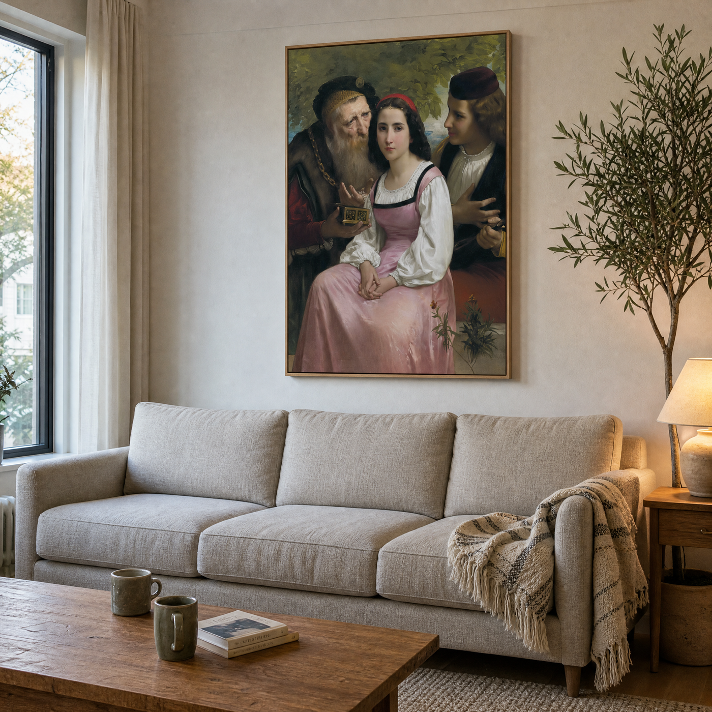 Between Wealth and Love canvas above a linen sofa