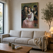 Between Wealth and Love canvas above a linen sofa