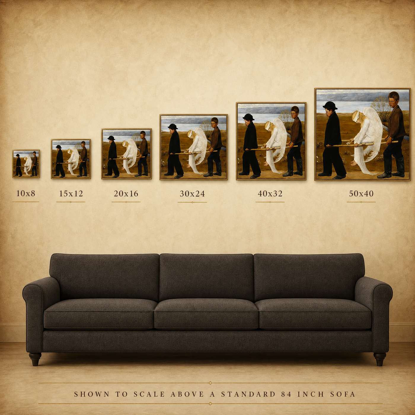 All six canvas sizes shown to scale above an 84 inch sofa