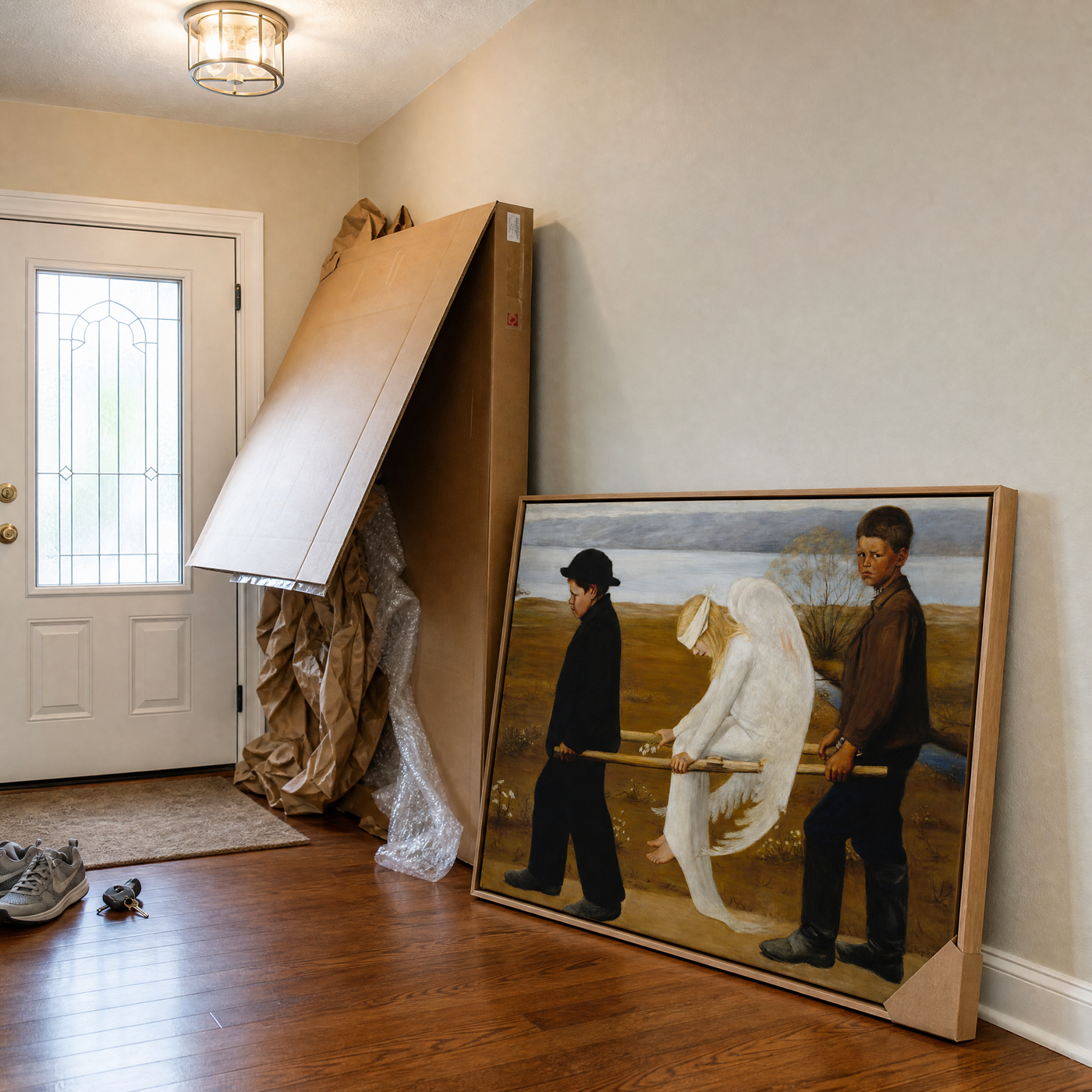 Canvas art delivery box in the entryway