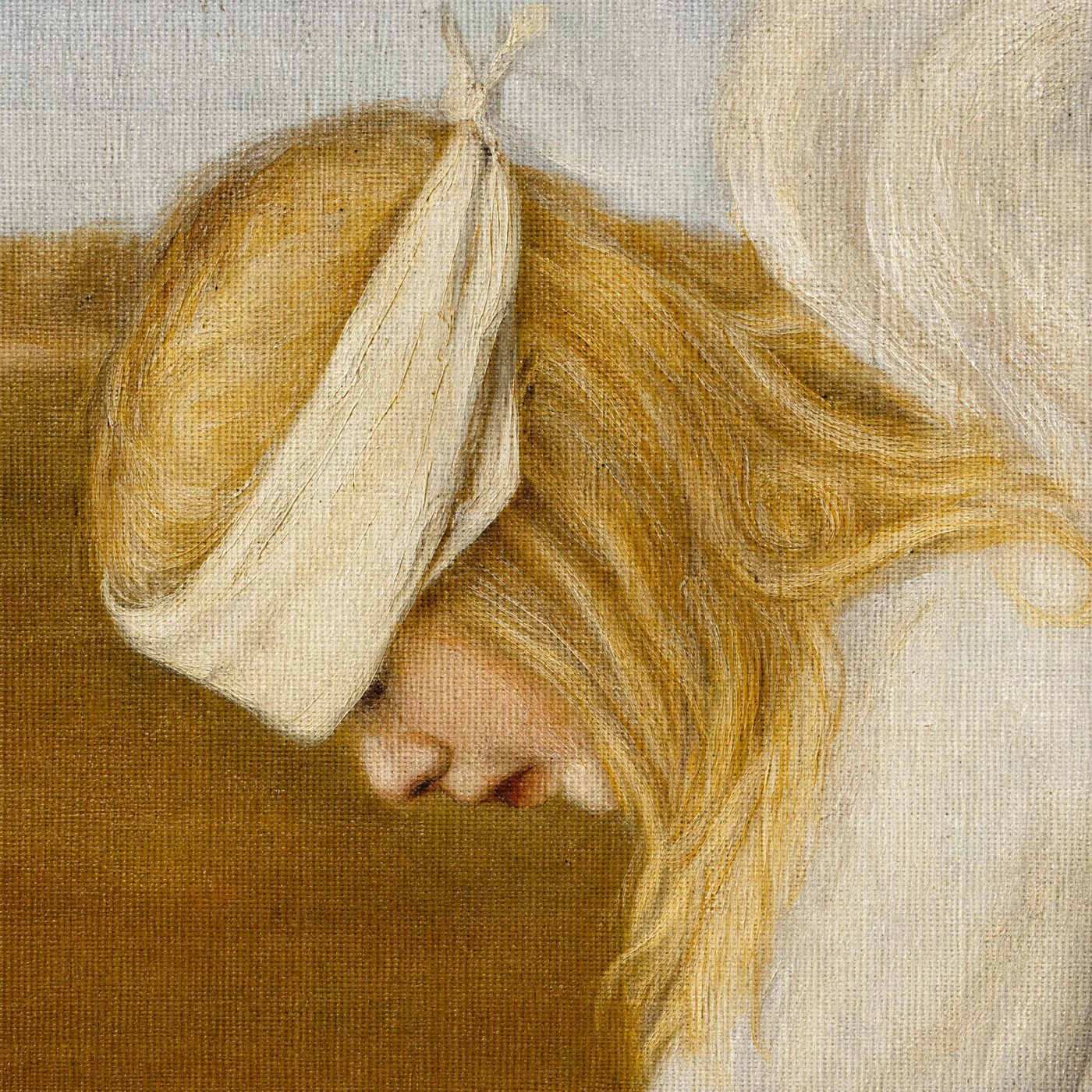 Canvas texture macro of the angel's bandaged head