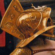 Canvas texture macro of the gladiator's golden helmet