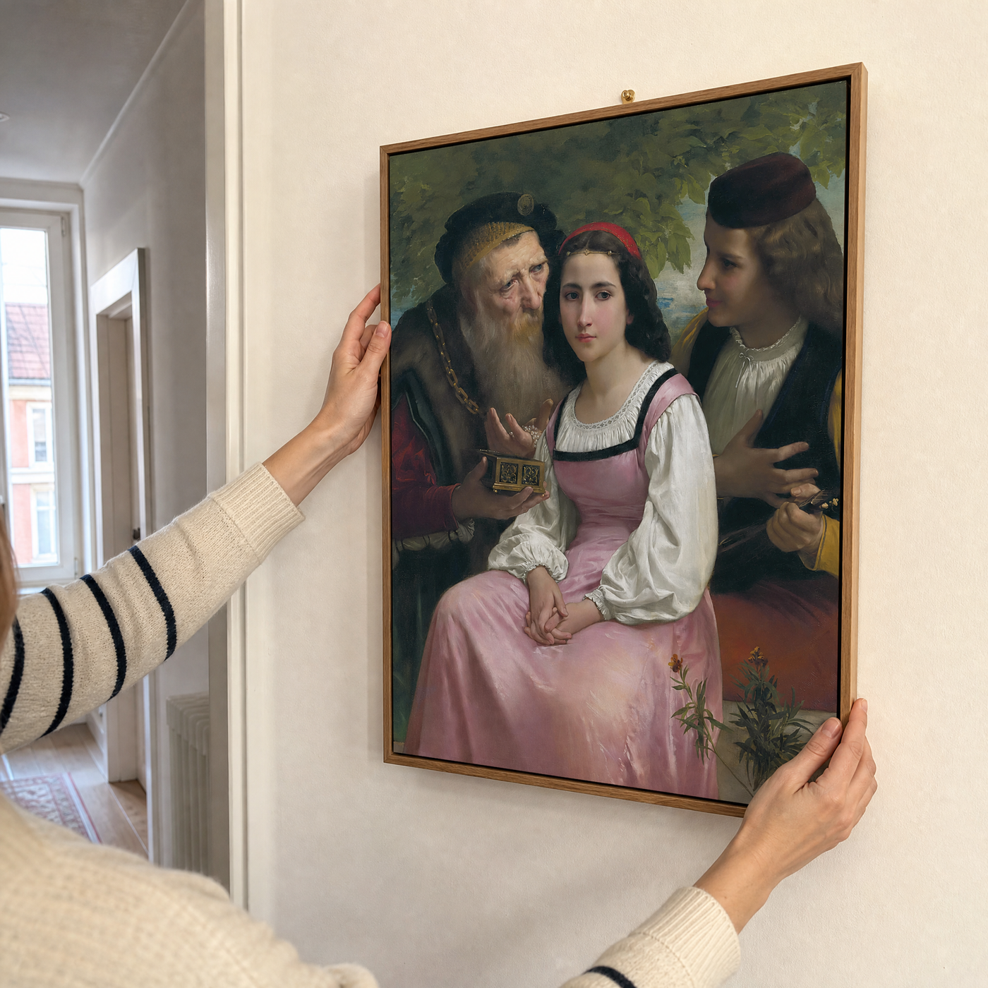 Hanging the oak framed Bouguereau canvas