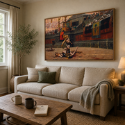 Pollice Verso canvas above a linen sofa