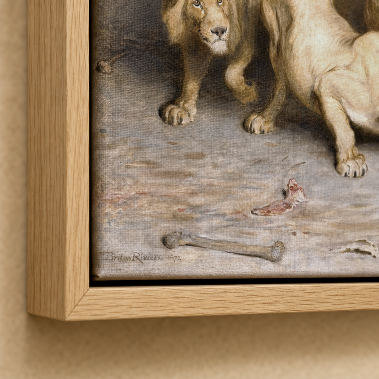 Oak float frame corner: the lions and the painter's signature