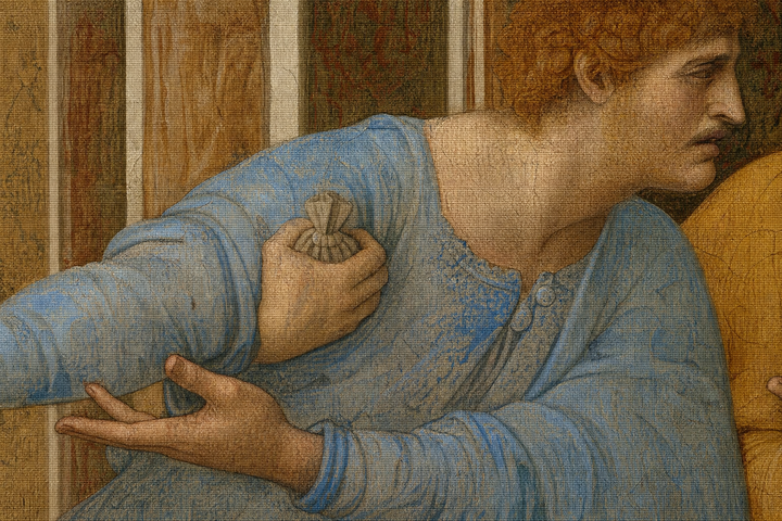 Detail: the figure recoiling with the bag