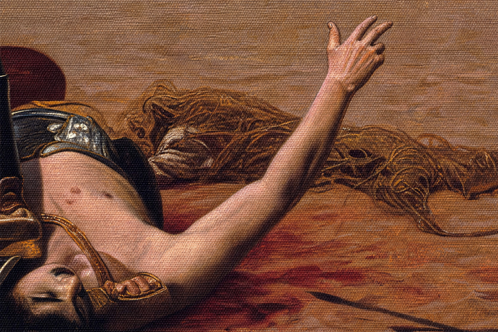 Detail: the fallen gladiator raises two fingers