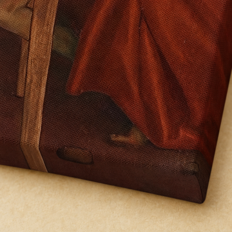 Frameless gallery wrap corner: the red cloak and table leg