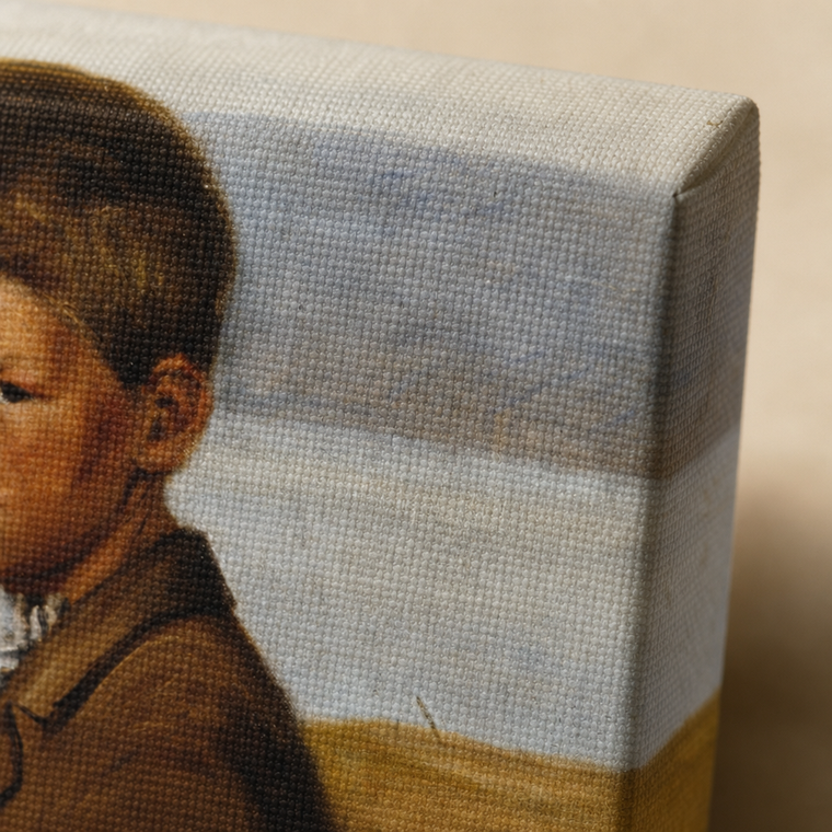 Frameless gallery wrap corner: the boy and the lake horizon