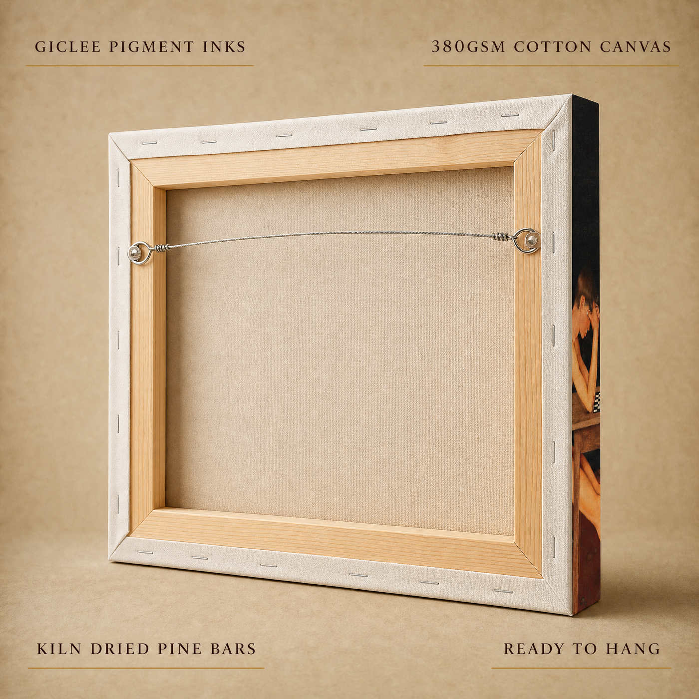 Back of the stretched canvas with craftsmanship labels