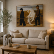 The Wounded Angel canvas above a linen sofa
