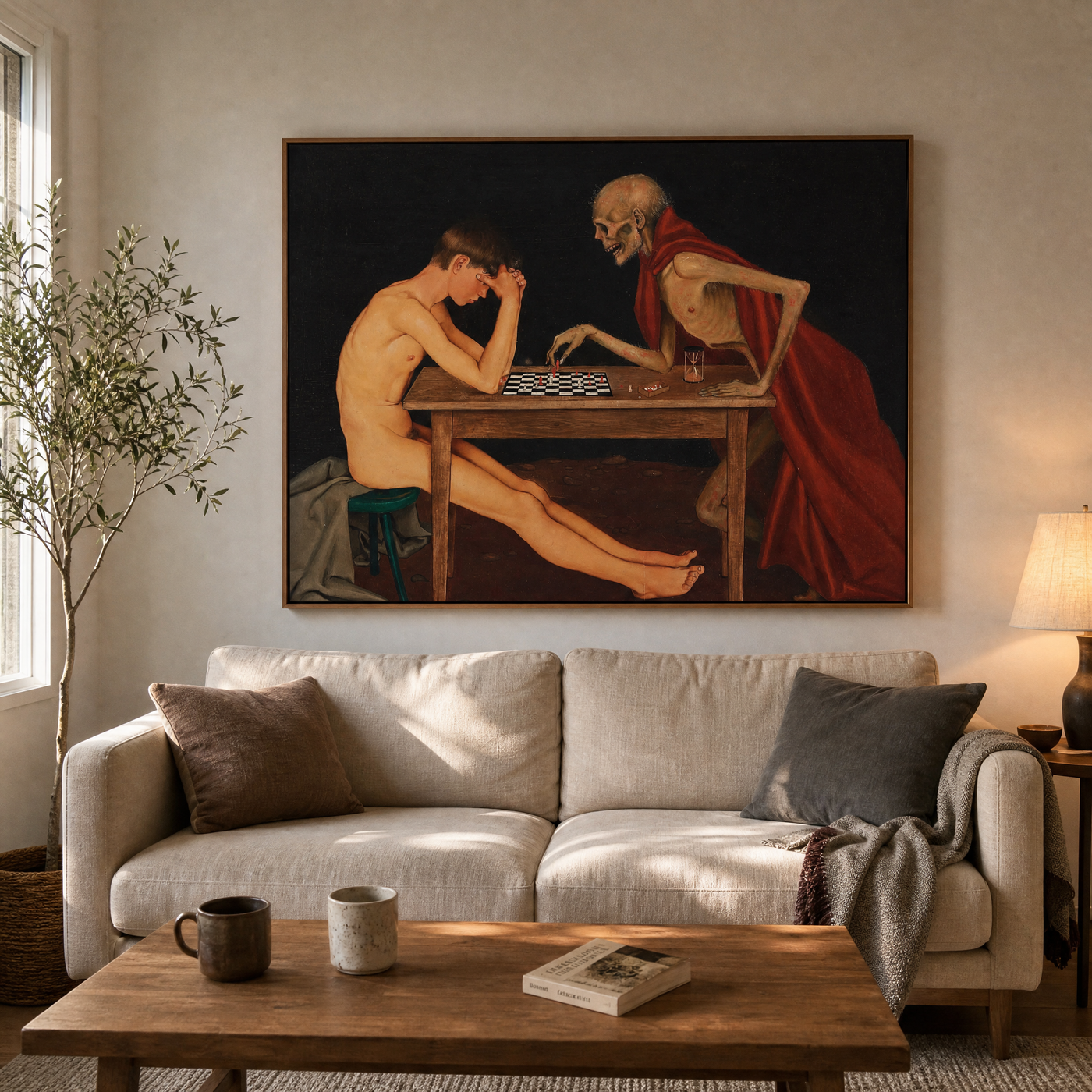 Victoria Mortis canvas above a linen sofa
