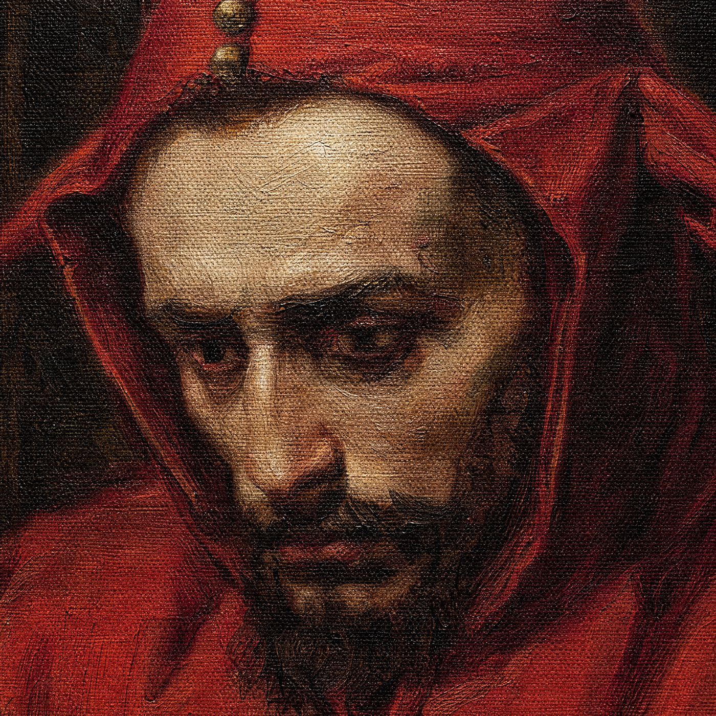Canvas texture macro of the jester's face