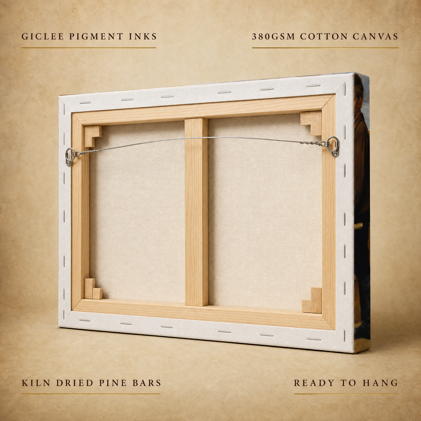 Back of the stretched canvas with craftsmanship labels