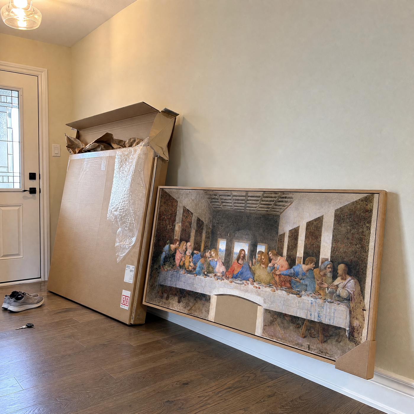 Canvas art delivery box in the entryway