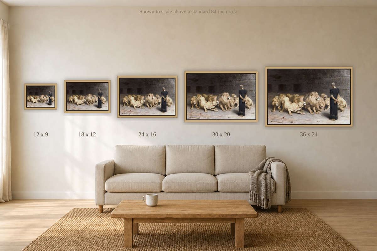 Daniel in the Lions' Den (1872) shown at each size in a room
