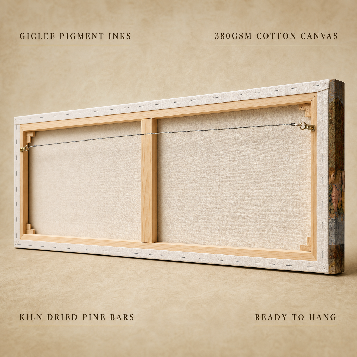 Back of the panoramic stretched canvas with craftsmanship labels